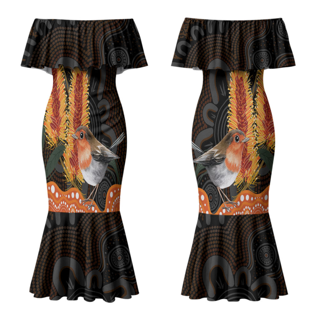 Australia Leukemia Awareness Month Couples Matching Mermaid Dress and Long Sleeve Button Shirt Flame Robin Bottlebrush Aboriginal Art