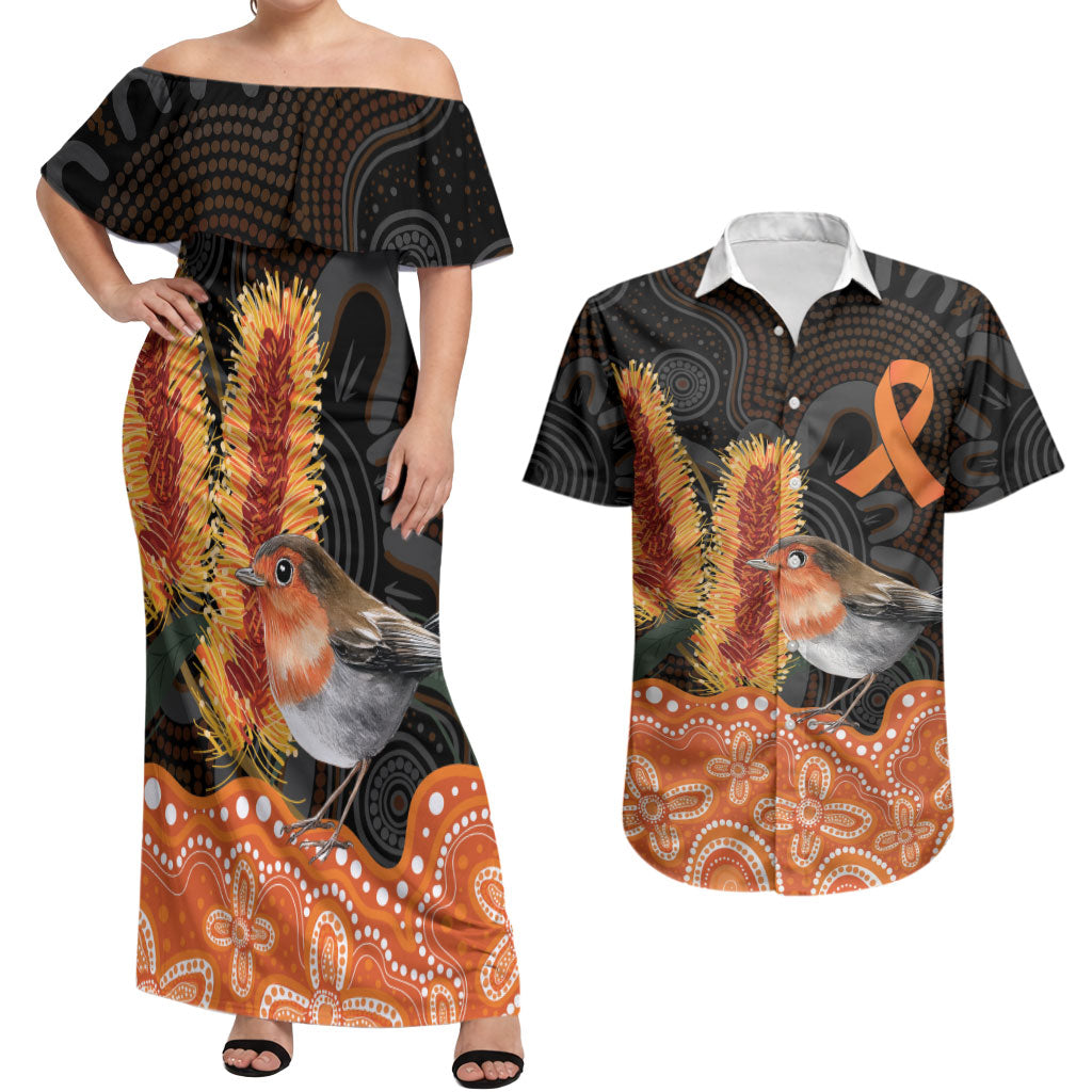 Australia Leukemia Awareness Month Couples Matching Off Shoulder Maxi Dress and Hawaiian Shirt Flame Robin Bottlebrush Aboriginal Art