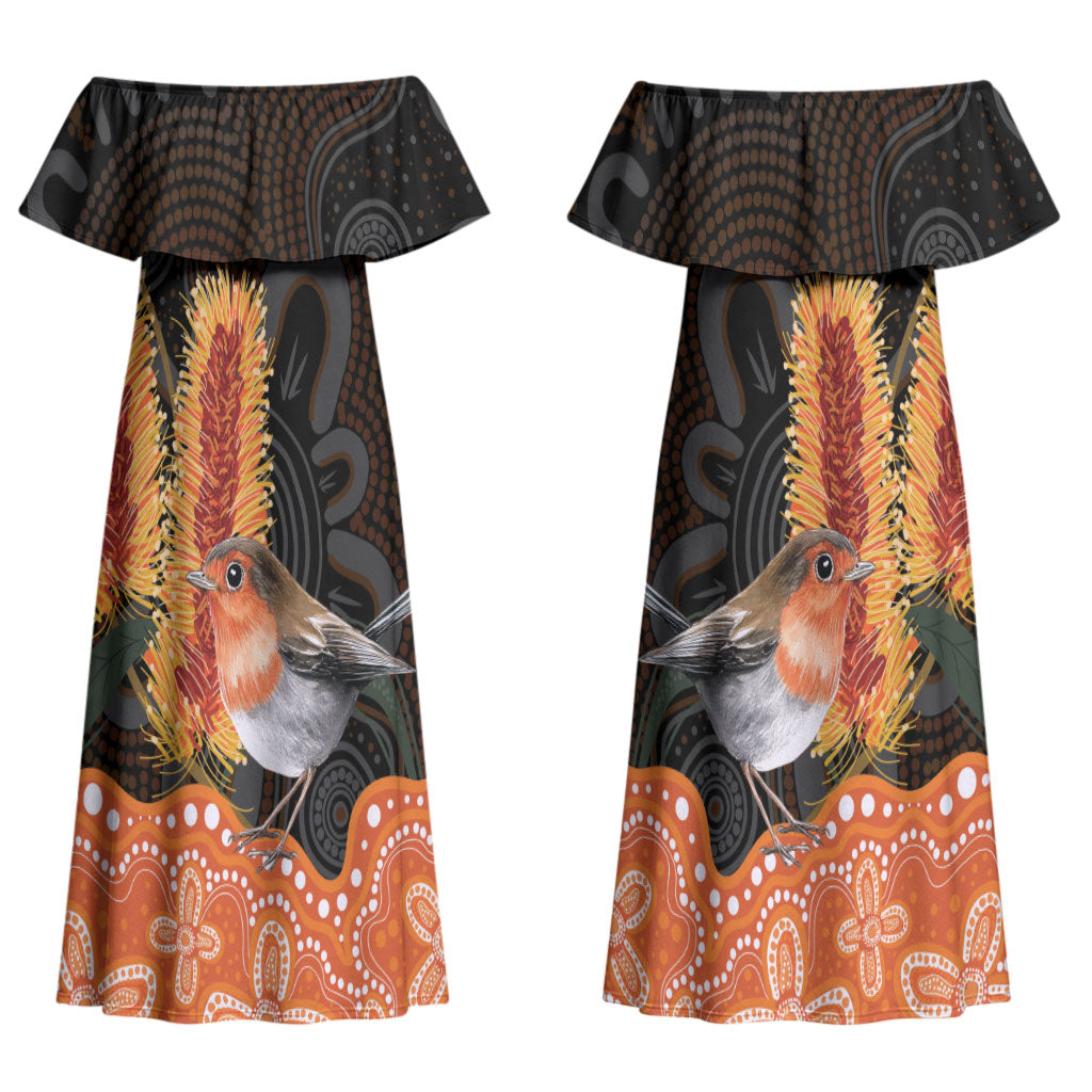 Australia Leukemia Awareness Month Couples Matching Off Shoulder Maxi Dress and Hawaiian Shirt Flame Robin Bottlebrush Aboriginal Art