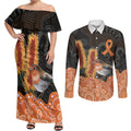 Australia Leukemia Awareness Month Couples Matching Off Shoulder Maxi Dress and Long Sleeve Button Shirt Flame Robin Bottlebrush Aboriginal Art