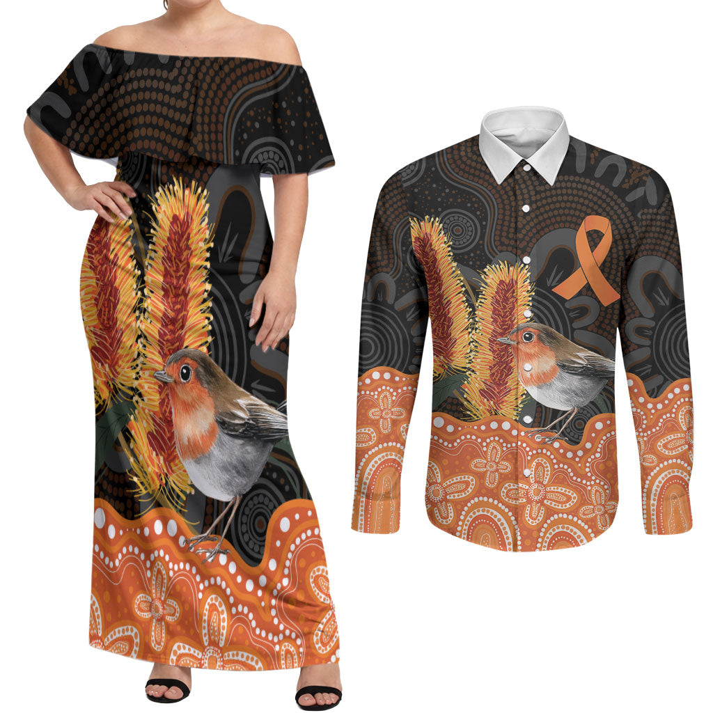 Australia Leukemia Awareness Month Couples Matching Off Shoulder Maxi Dress and Long Sleeve Button Shirt Flame Robin Bottlebrush Aboriginal Art