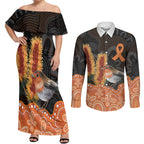 Australia Leukemia Awareness Month Couples Matching Off Shoulder Maxi Dress and Long Sleeve Button Shirt Flame Robin Bottlebrush Aboriginal Art