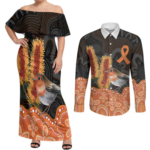 Australia Leukemia Awareness Month Couples Matching Off Shoulder Maxi Dress and Long Sleeve Button Shirt Flame Robin Bottlebrush Aboriginal Art