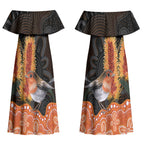Australia Leukemia Awareness Month Couples Matching Off Shoulder Maxi Dress and Long Sleeve Button Shirt Flame Robin Bottlebrush Aboriginal Art