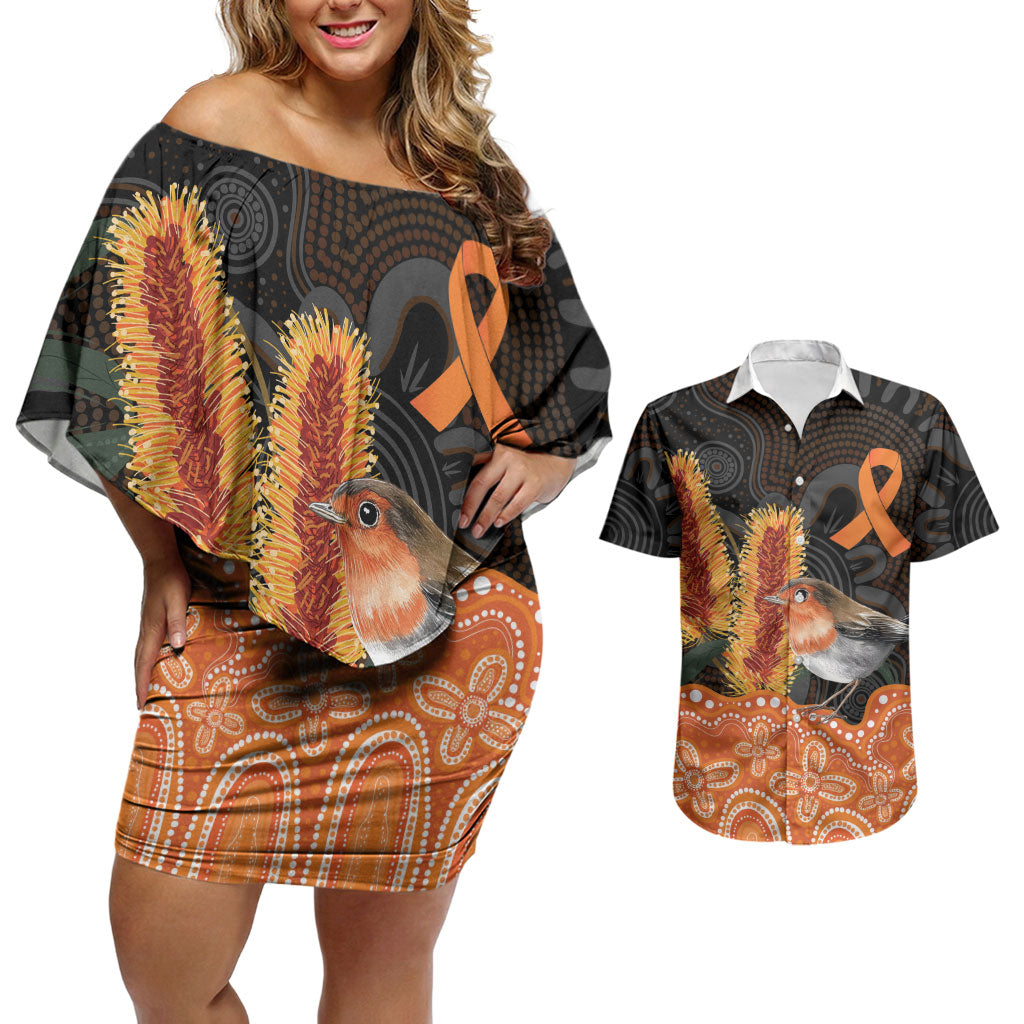 Australia Leukemia Awareness Month Couples Matching Off Shoulder Short Dress and Hawaiian Shirt Flame Robin Bottlebrush Aboriginal Art