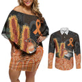 Australia Leukemia Awareness Month Couples Matching Off Shoulder Short Dress and Long Sleeve Button Shirt Flame Robin Bottlebrush Aboriginal Art