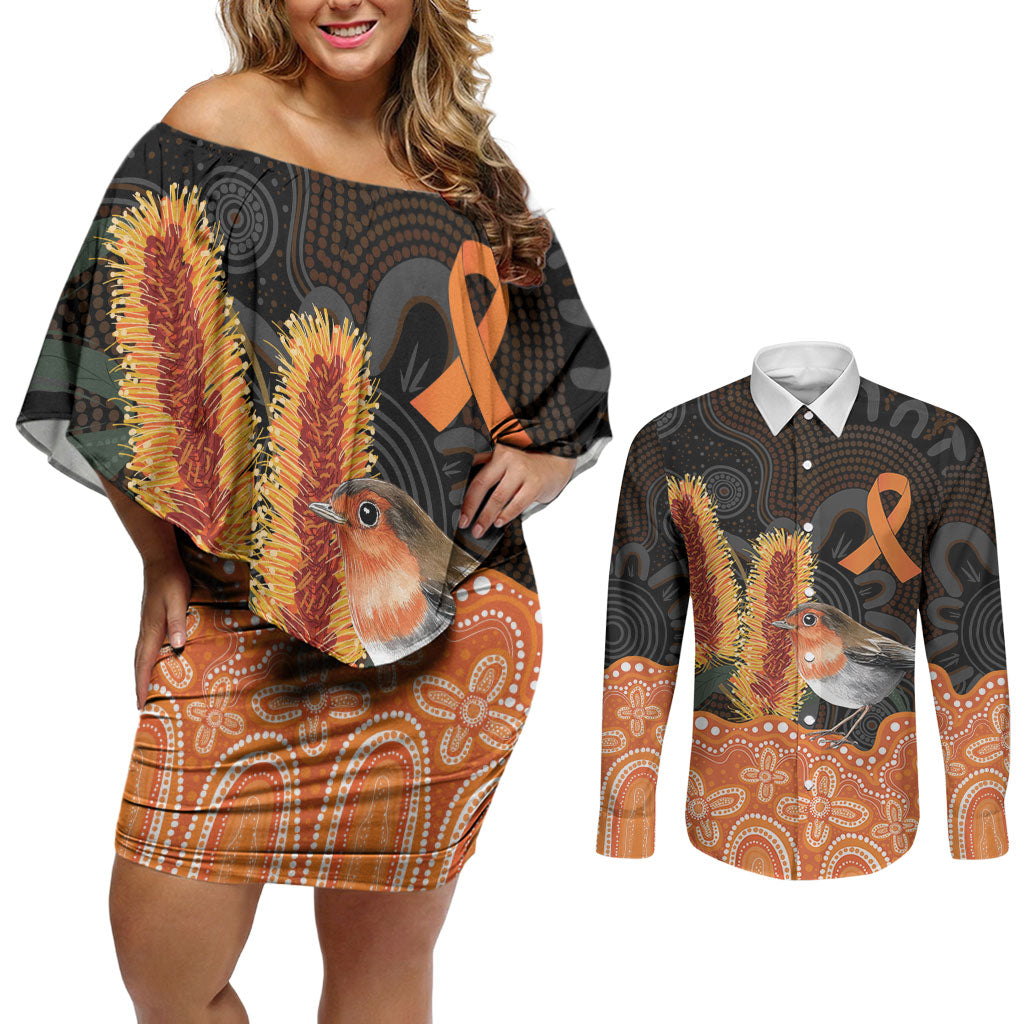 Australia Leukemia Awareness Month Couples Matching Off Shoulder Short Dress and Long Sleeve Button Shirt Flame Robin Bottlebrush Aboriginal Art