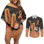 Australia Leukemia Awareness Month Couples Matching Off Shoulder Short Dress and Long Sleeve Button Shirt Flame Robin Bottlebrush Aboriginal Art