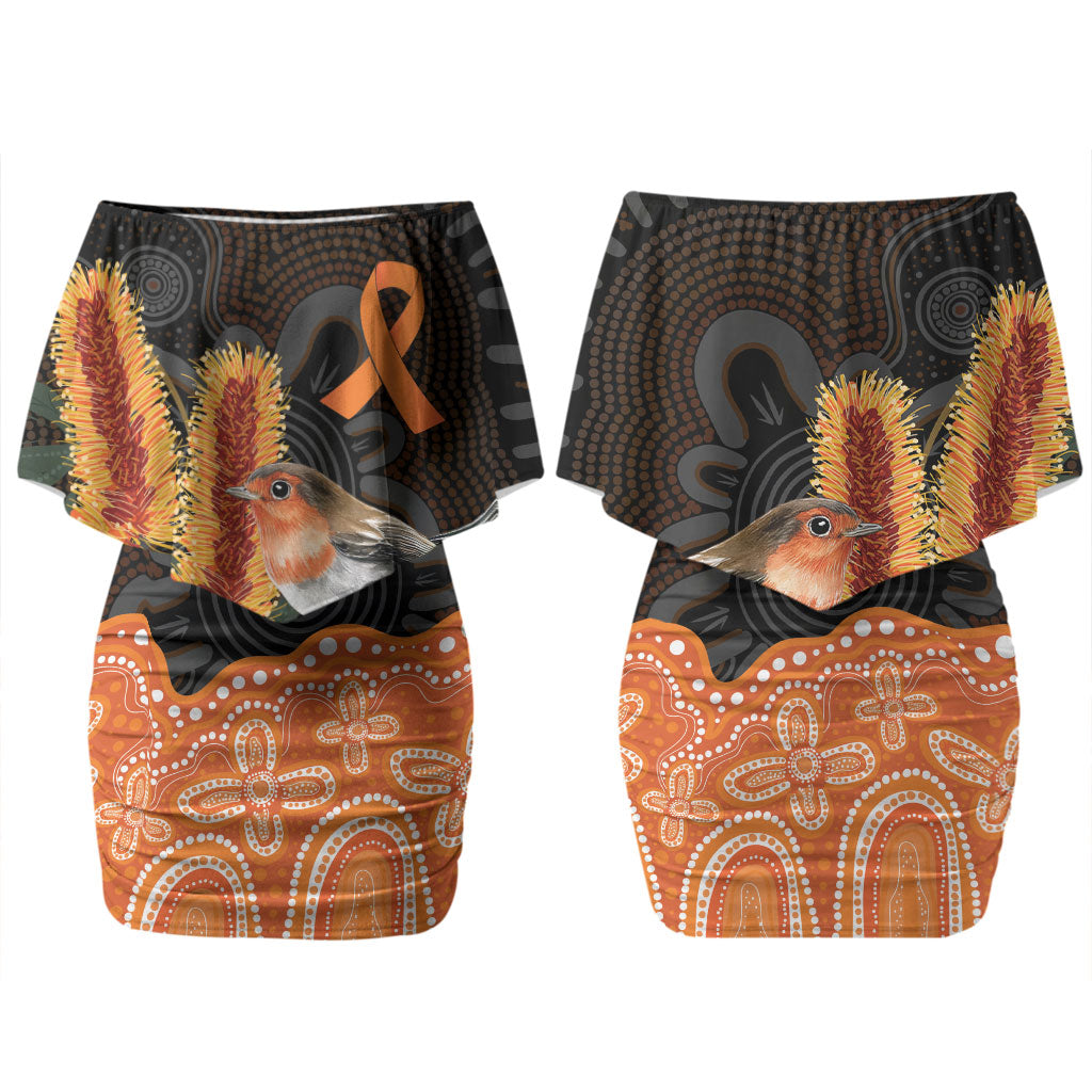 Australia Leukemia Awareness Month Couples Matching Off Shoulder Short Dress and Long Sleeve Button Shirt Flame Robin Bottlebrush Aboriginal Art