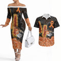 Australia Leukemia Awareness Month Couples Matching Off The Shoulder Long Sleeve Dress and Hawaiian Shirt Flame Robin Bottlebrush Aboriginal Art
