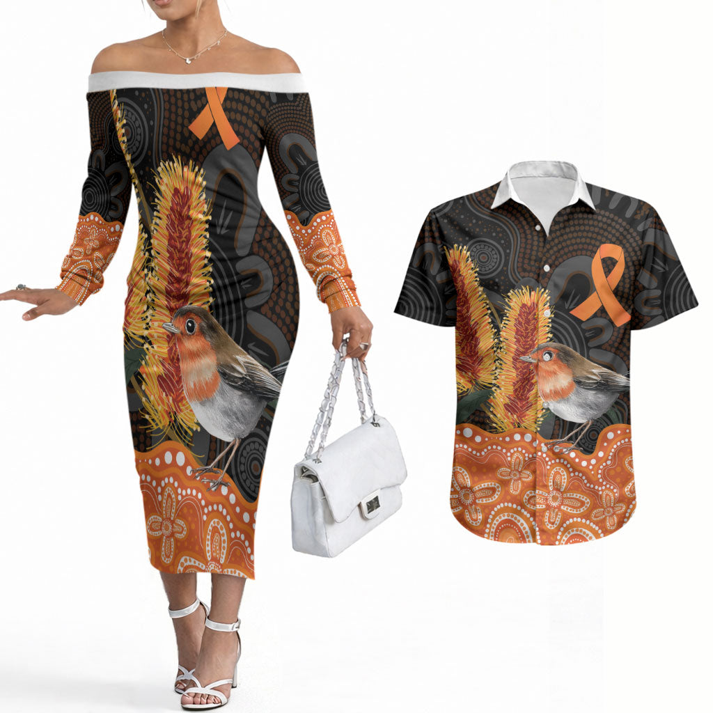 Australia Leukemia Awareness Month Couples Matching Off The Shoulder Long Sleeve Dress and Hawaiian Shirt Flame Robin Bottlebrush Aboriginal Art