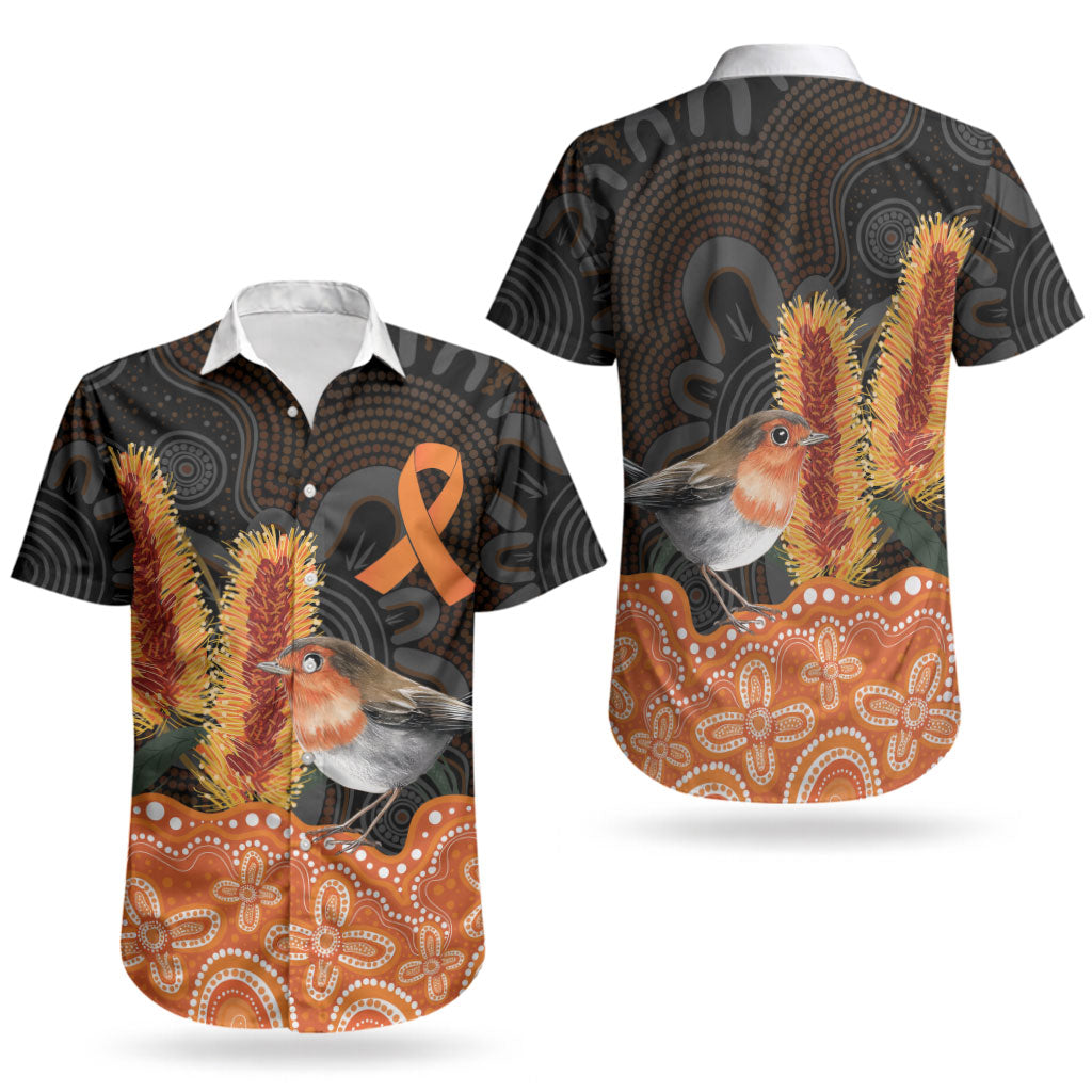Australia Leukemia Awareness Month Couples Matching Off The Shoulder Long Sleeve Dress and Hawaiian Shirt Flame Robin Bottlebrush Aboriginal Art