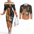 Australia Leukemia Awareness Month Couples Matching Off The Shoulder Long Sleeve Dress and Long Sleeve Button Shirt Flame Robin Bottlebrush Aboriginal Art