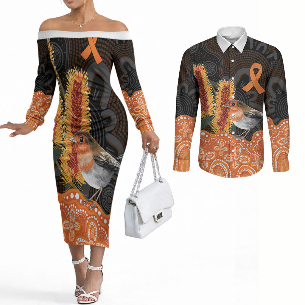 Australia Leukemia Awareness Month Couples Matching Off The Shoulder Long Sleeve Dress and Long Sleeve Button Shirt Flame Robin Bottlebrush Aboriginal Art