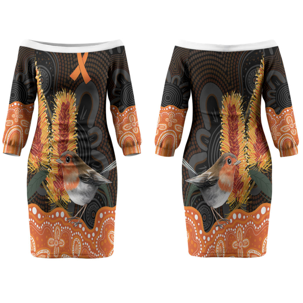 Australia Leukemia Awareness Month Couples Matching Off The Shoulder Long Sleeve Dress and Long Sleeve Button Shirt Flame Robin Bottlebrush Aboriginal Art
