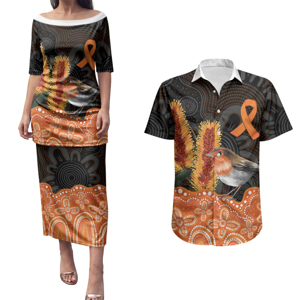 Australia Leukemia Awareness Month Couples Matching Puletasi and Hawaiian Shirt Flame Robin Bottlebrush Aboriginal Art