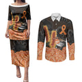 Australia Leukemia Awareness Month Couples Matching Puletasi and Long Sleeve Button Shirt Flame Robin Bottlebrush Aboriginal Art