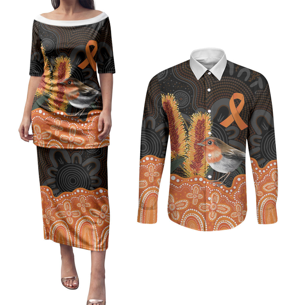 Australia Leukemia Awareness Month Couples Matching Puletasi and Long Sleeve Button Shirt Flame Robin Bottlebrush Aboriginal Art
