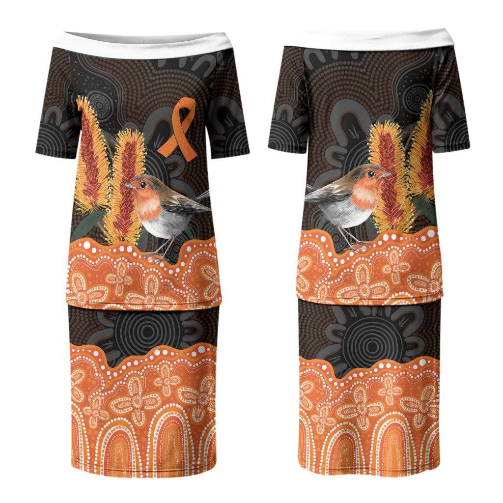 Australia Leukemia Awareness Month Couples Matching Puletasi and Long Sleeve Button Shirt Flame Robin Bottlebrush Aboriginal Art