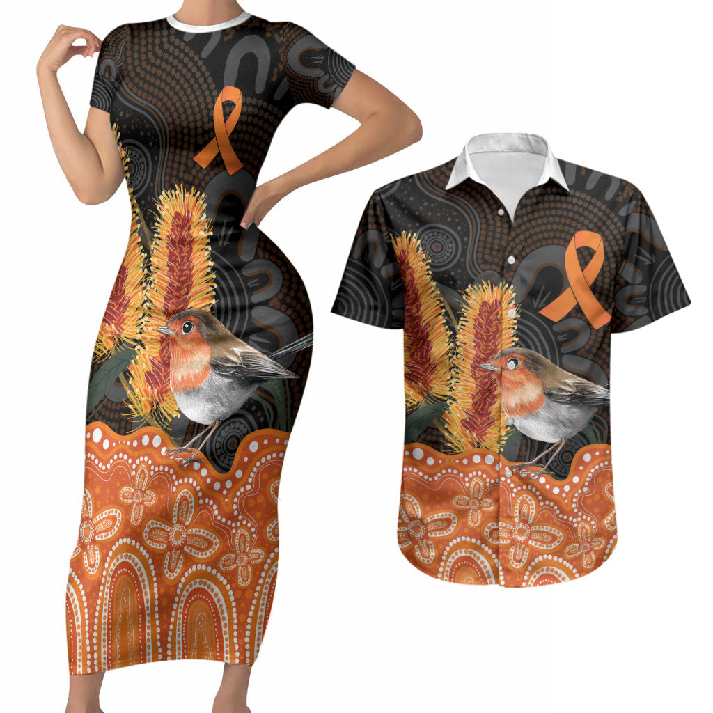 Australia Leukemia Awareness Month Couples Matching Short Sleeve Bodycon Dress and Hawaiian Shirt Flame Robin Bottlebrush Aboriginal Art