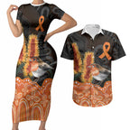 Australia Leukemia Awareness Month Couples Matching Short Sleeve Bodycon Dress and Hawaiian Shirt Flame Robin Bottlebrush Aboriginal Art