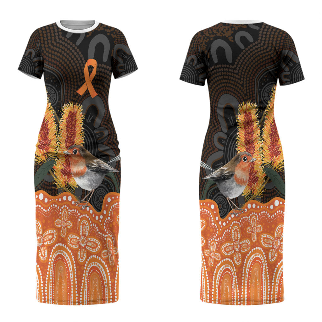 Australia Leukemia Awareness Month Couples Matching Short Sleeve Bodycon Dress and Hawaiian Shirt Flame Robin Bottlebrush Aboriginal Art