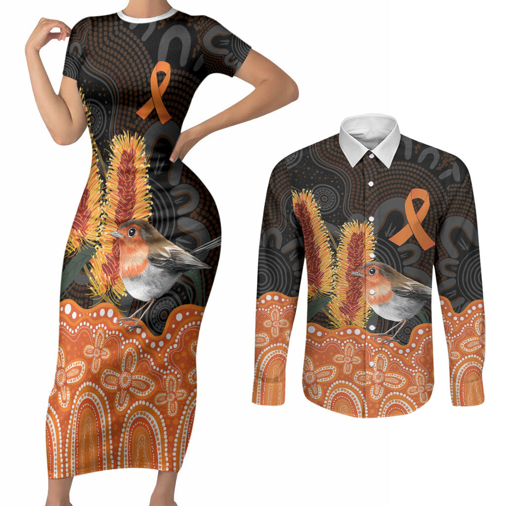 Australia Leukemia Awareness Month Couples Matching Short Sleeve Bodycon Dress and Long Sleeve Button Shirt Flame Robin Bottlebrush Aboriginal Art