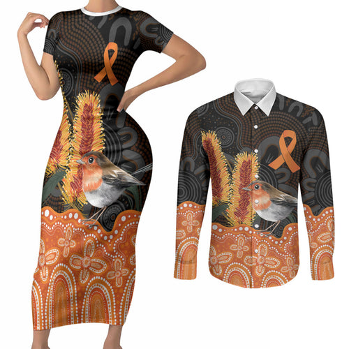 Australia Leukemia Awareness Month Couples Matching Short Sleeve Bodycon Dress and Long Sleeve Button Shirt Flame Robin Bottlebrush Aboriginal Art