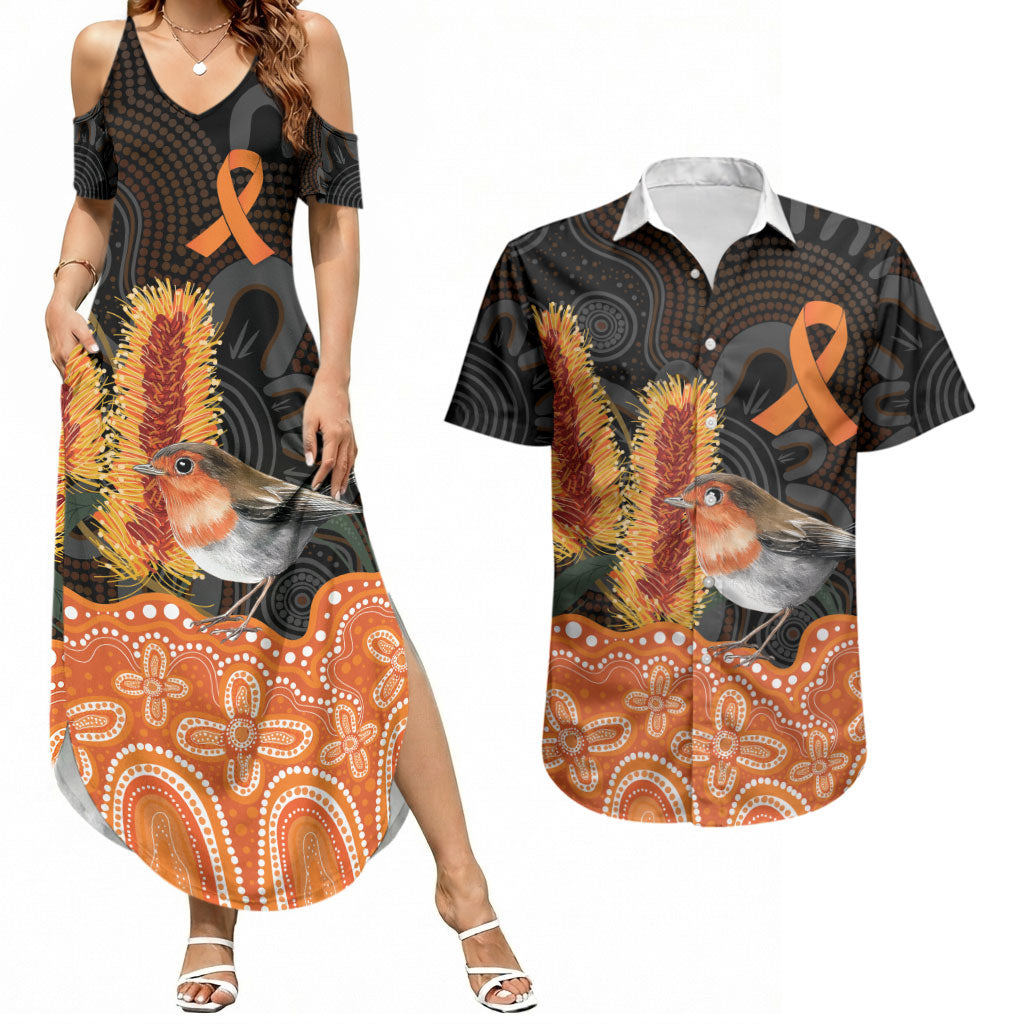 Australia Leukemia Awareness Month Couples Matching Summer Maxi Dress and Hawaiian Shirt Flame Robin Bottlebrush Aboriginal Art