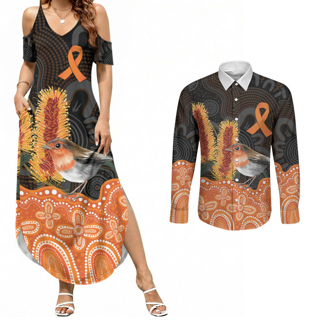 Australia Leukemia Awareness Month Couples Matching Summer Maxi Dress and Long Sleeve Button Shirt Flame Robin Bottlebrush Aboriginal Art