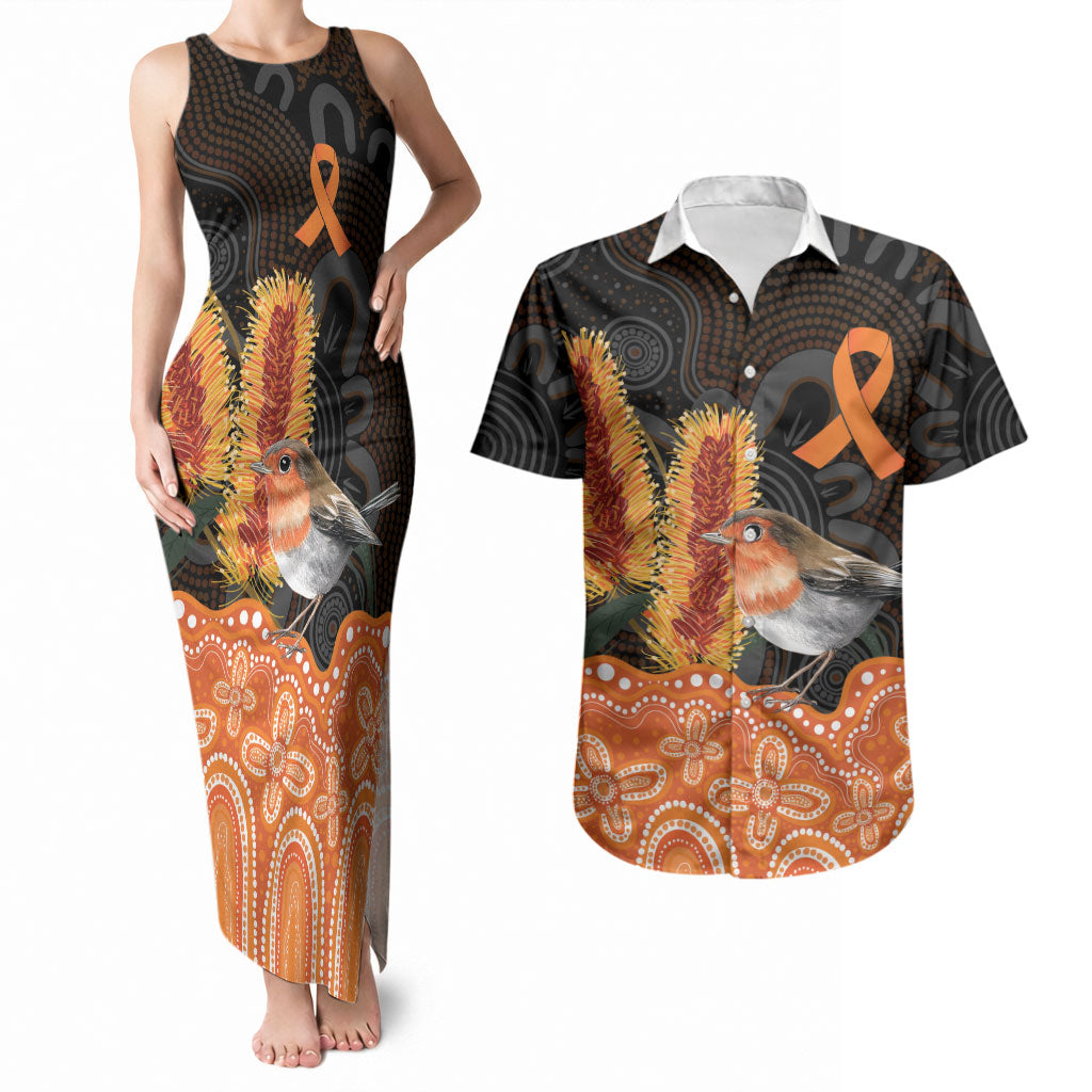 Australia Leukemia Awareness Month Couples Matching Tank Maxi Dress and Hawaiian Shirt Flame Robin Bottlebrush Aboriginal Art