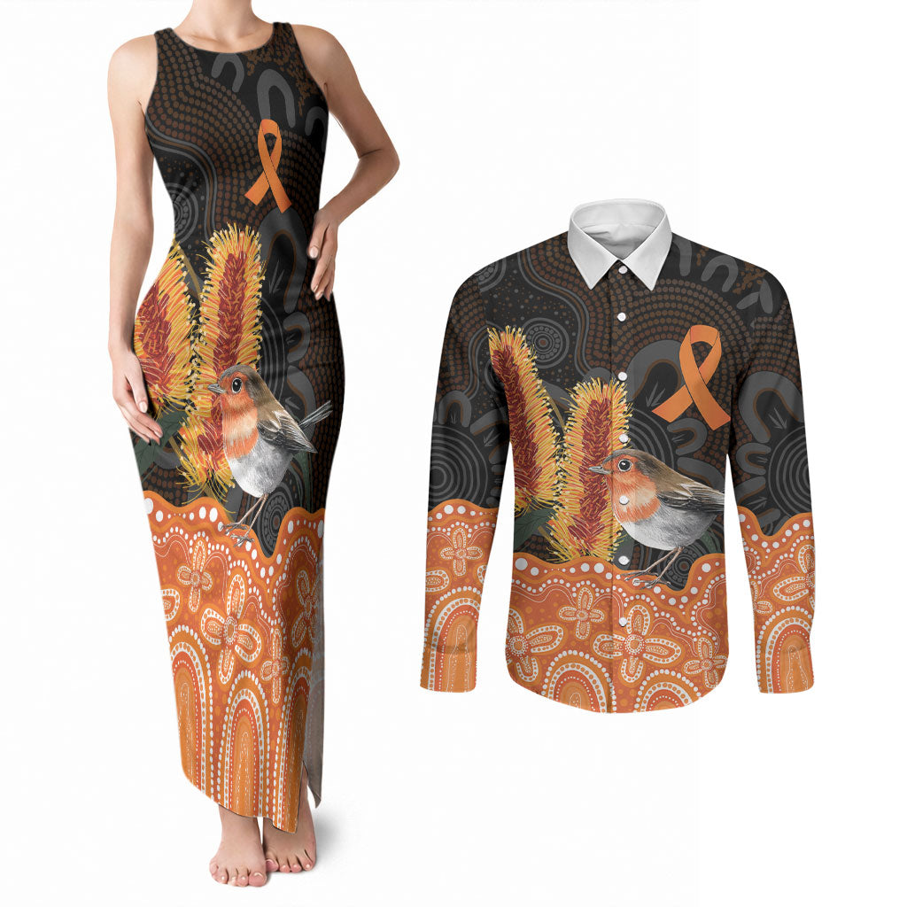 Australia Leukemia Awareness Month Couples Matching Tank Maxi Dress and Long Sleeve Button Shirt Flame Robin Bottlebrush Aboriginal Art