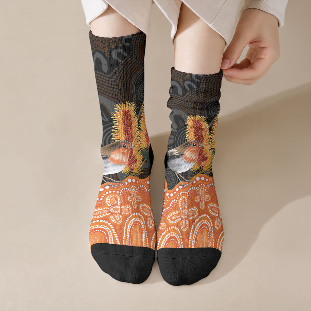 Australia Leukemia Awareness Month Crew Socks Flame Robin Bottlebrush Aboriginal Art