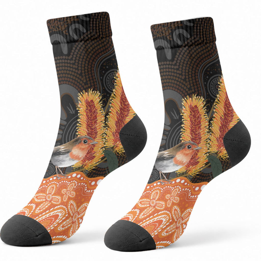 Australia Leukemia Awareness Month Crew Socks Flame Robin Bottlebrush Aboriginal Art