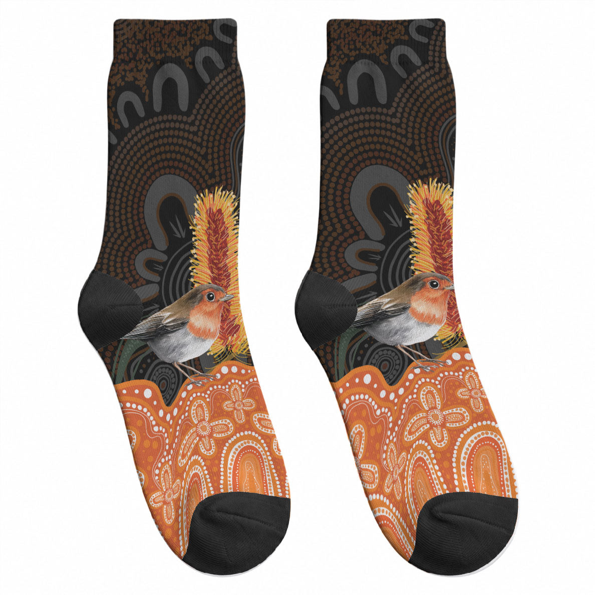 Australia Leukemia Awareness Month Crew Socks Flame Robin Bottlebrush Aboriginal Art