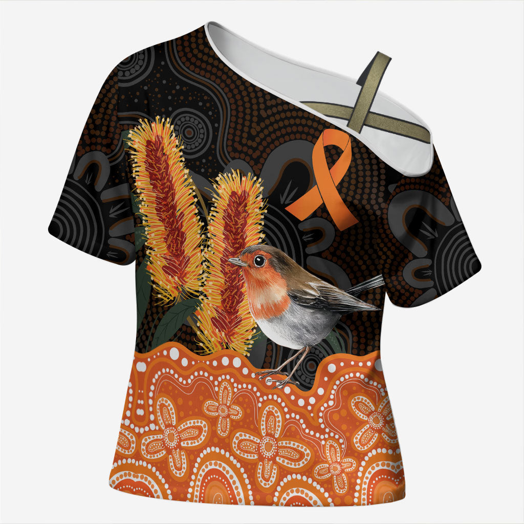 Australia Leukemia Awareness Month Cross Shoulder Shirt Flame Robin Bottlebrush Aboriginal Art