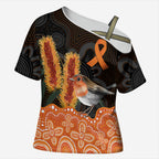 Australia Leukemia Awareness Month Cross Shoulder Shirt Flame Robin Bottlebrush Aboriginal Art