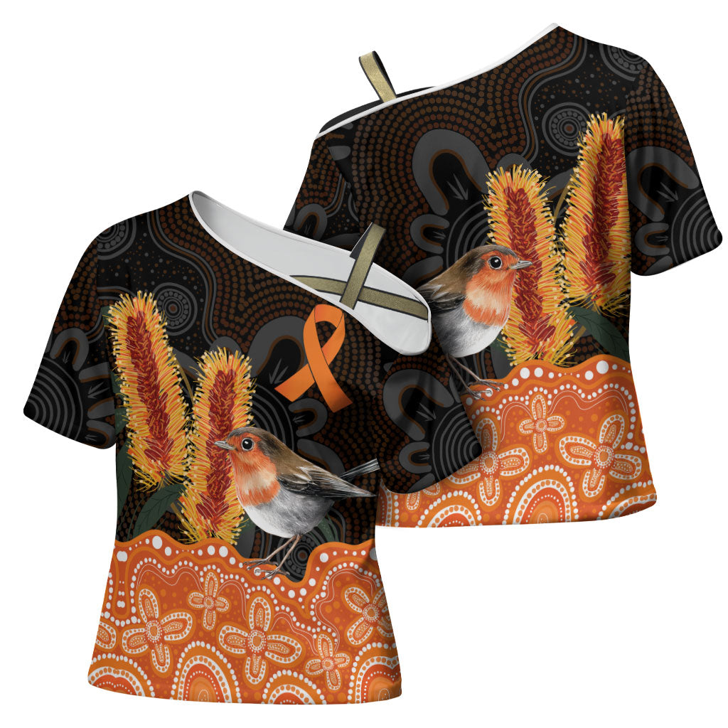 Australia Leukemia Awareness Month Cross Shoulder Shirt Flame Robin Bottlebrush Aboriginal Art