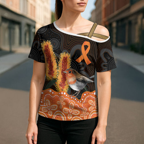 Australia Leukemia Awareness Month Cross Shoulder Shirt Flame Robin Bottlebrush Aboriginal Art