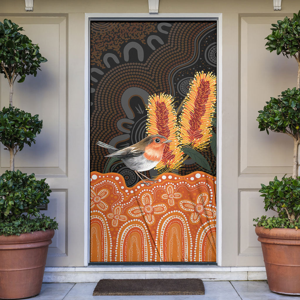 Australia Leukemia Awareness Month Door Cover Flame Robin Bottlebrush Aboriginal Art