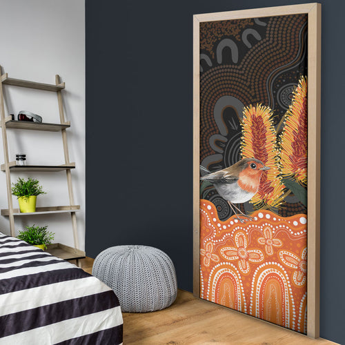 Australia Leukemia Awareness Month Door Cover Flame Robin Bottlebrush Aboriginal Art