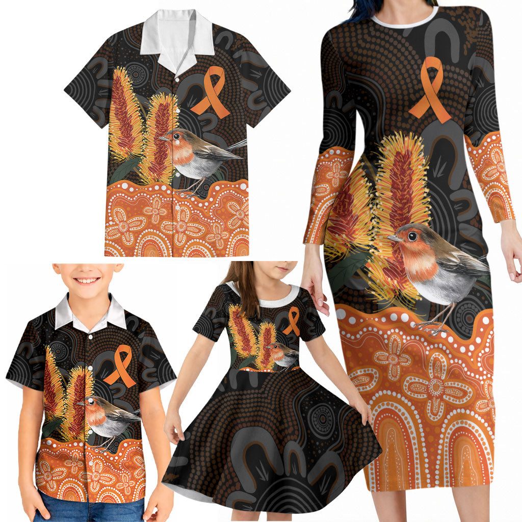 Australia Leukemia Awareness Month Family Matching Long Sleeve Bodycon Dress and Hawaiian Shirt Flame Robin Bottlebrush Aboriginal Art