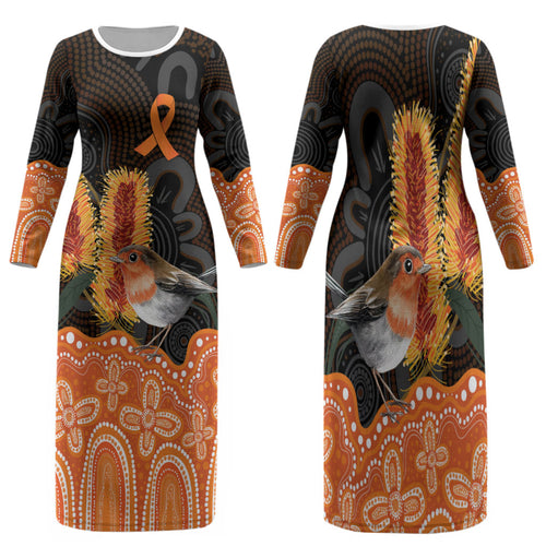 Australia Leukemia Awareness Month Family Matching Long Sleeve Bodycon Dress and Hawaiian Shirt Flame Robin Bottlebrush Aboriginal Art