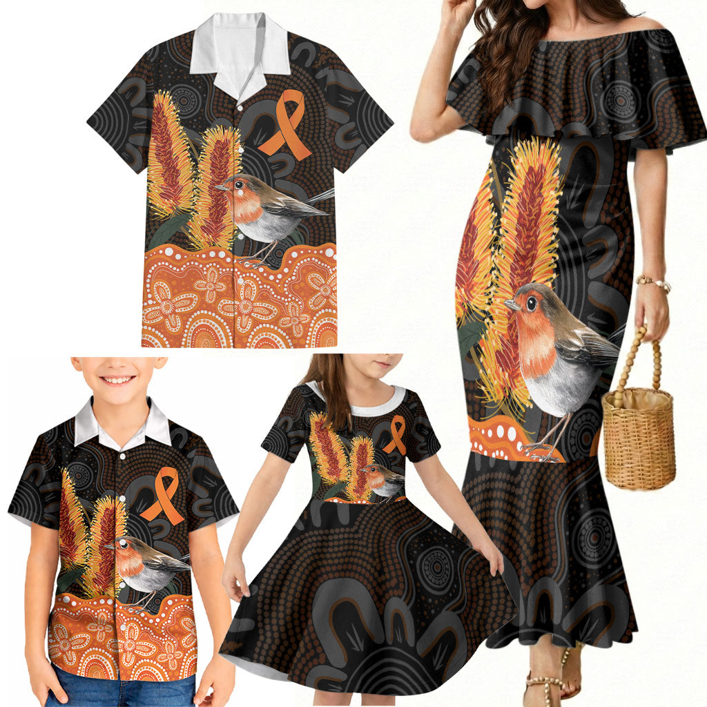 Australia Leukemia Awareness Month Family Matching Mermaid Dress and Hawaiian Shirt Flame Robin Bottlebrush Aboriginal Art