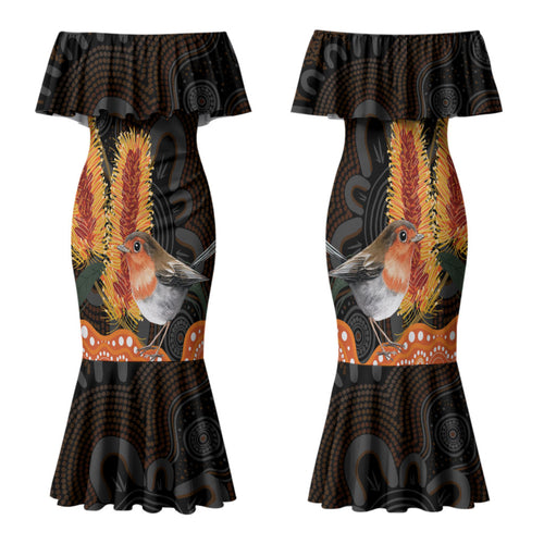 Australia Leukemia Awareness Month Family Matching Mermaid Dress and Hawaiian Shirt Flame Robin Bottlebrush Aboriginal Art