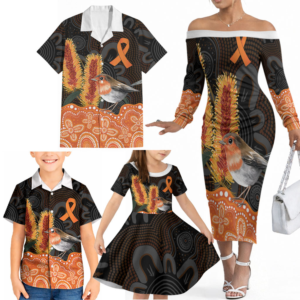 Australia Leukemia Awareness Month Family Matching Off The Shoulder Long Sleeve Dress and Hawaiian Shirt Flame Robin Bottlebrush Aboriginal Art