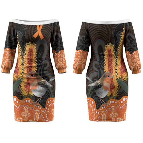 Australia Leukemia Awareness Month Family Matching Off The Shoulder Long Sleeve Dress and Hawaiian Shirt Flame Robin Bottlebrush Aboriginal Art