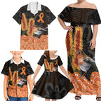 Australia Leukemia Awareness Month Family Matching Off Shoulder Maxi Dress and Hawaiian Shirt Flame Robin Bottlebrush Aboriginal Art