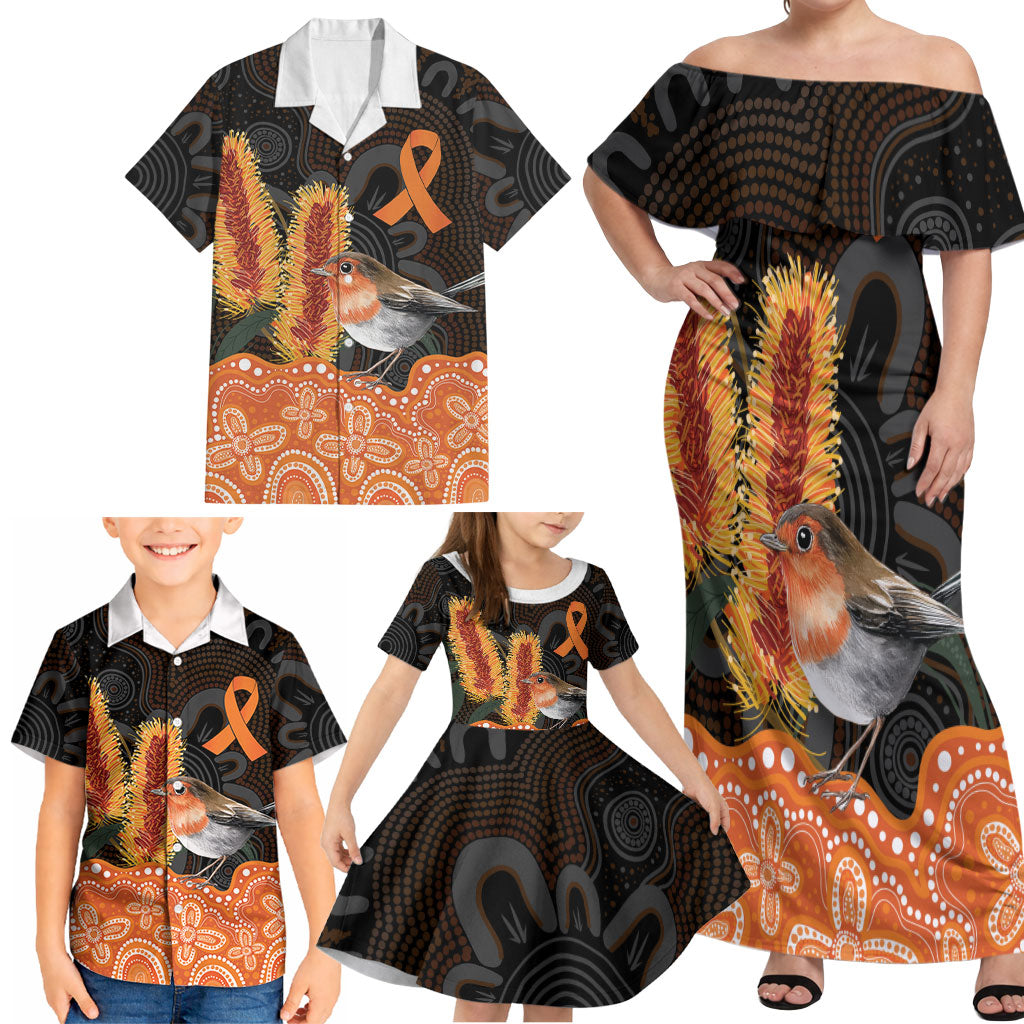 Australia Leukemia Awareness Month Family Matching Off Shoulder Maxi Dress and Hawaiian Shirt Flame Robin Bottlebrush Aboriginal Art