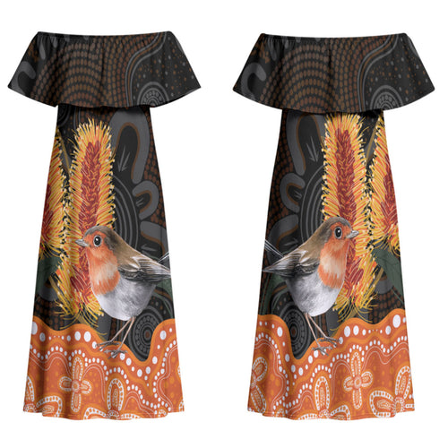 Australia Leukemia Awareness Month Family Matching Off Shoulder Maxi Dress and Hawaiian Shirt Flame Robin Bottlebrush Aboriginal Art